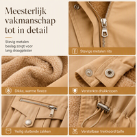 Collage van details in kameltint: metalen rits, fleecevoering, drukknopen, zakklep en trekkoord in de taille 5
