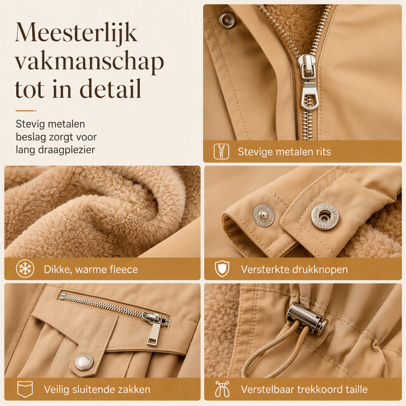 Collage van details in kameltint: metalen rits, fleecevoering, drukknopen, zakklep en trekkoord in de taille 5