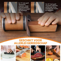 Slijper in gebruik met een mes tegen het hoekblok, met uitleg over de twee slijphoeken en voorbeelden van snijwerk. 6