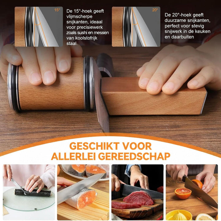 Slijper in gebruik met een mes tegen het hoekblok, met uitleg over de twee slijphoeken en voorbeelden van snijwerk. 6