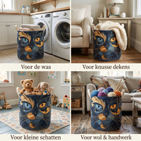 Collage van vier plekken waar de kattenmand staat, gevuld met wasgoed, een plaid, speelgoed en garen bij een wasmachine en bank. 2