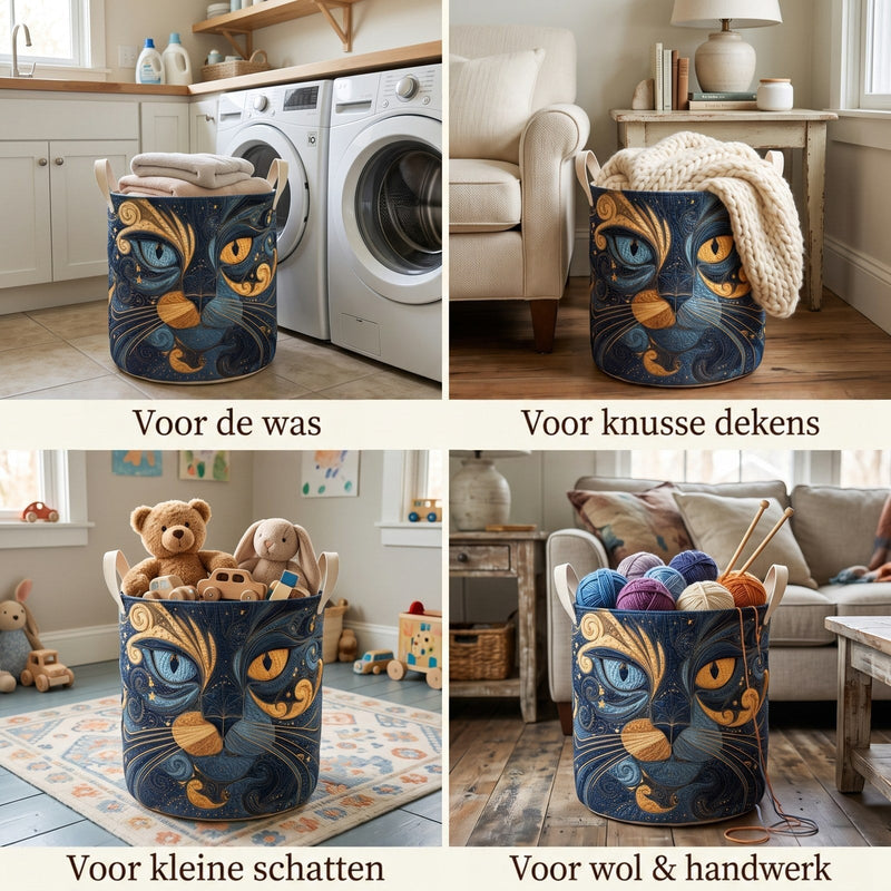 Collage van vier plekken waar de kattenmand staat, gevuld met wasgoed, een plaid, speelgoed en garen bij een wasmachine en bank. 2