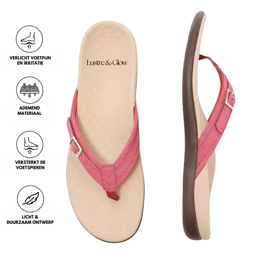 Roze teensandalen van boven en opzij, met pictogrammen over pijnverlichting, ademend materiaal en lichtgewicht ontwerp 12