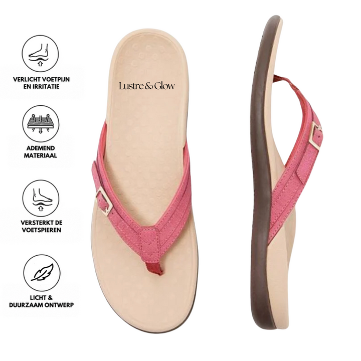 Roze teensandalen van boven en opzij, met pictogrammen over pijnverlichting, ademend materiaal en lichtgewicht ontwerp 12