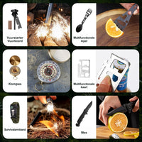 Zes gereedschappen in gebruik: vuurstarter, multifunctionele lepel, kompas, multitoolkaart, overlevingsarmband en vouwmes 4