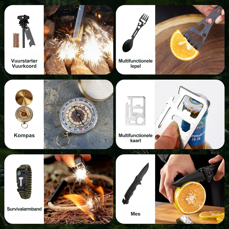 Zes gereedschappen in gebruik: vuurstarter, multifunctionele lepel, kompas, multitoolkaart, overlevingsarmband en vouwmes 4