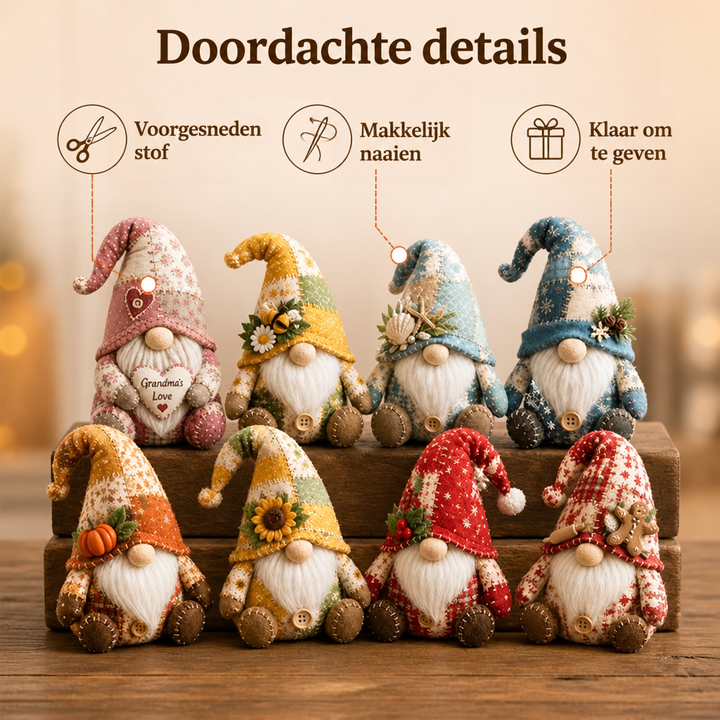 Acht patchwork kabouters met witte baard en verschillende hoeden zitten op twee houten blokken 3