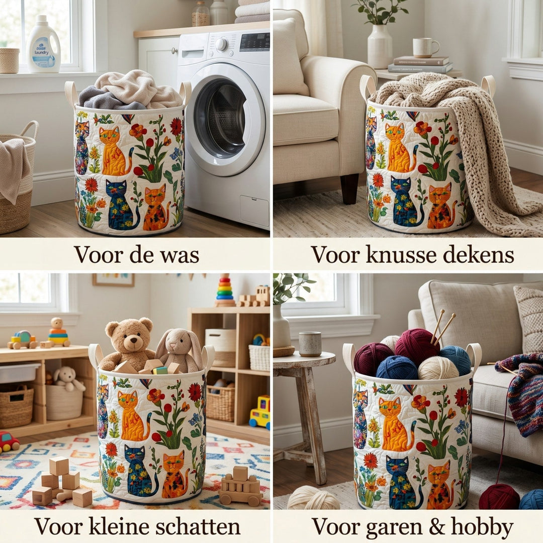 Collage van de mand in vier gebruiken: gevuld met wasgoed, plaid, speelgoed en wol, elk in een andere kamer. 2