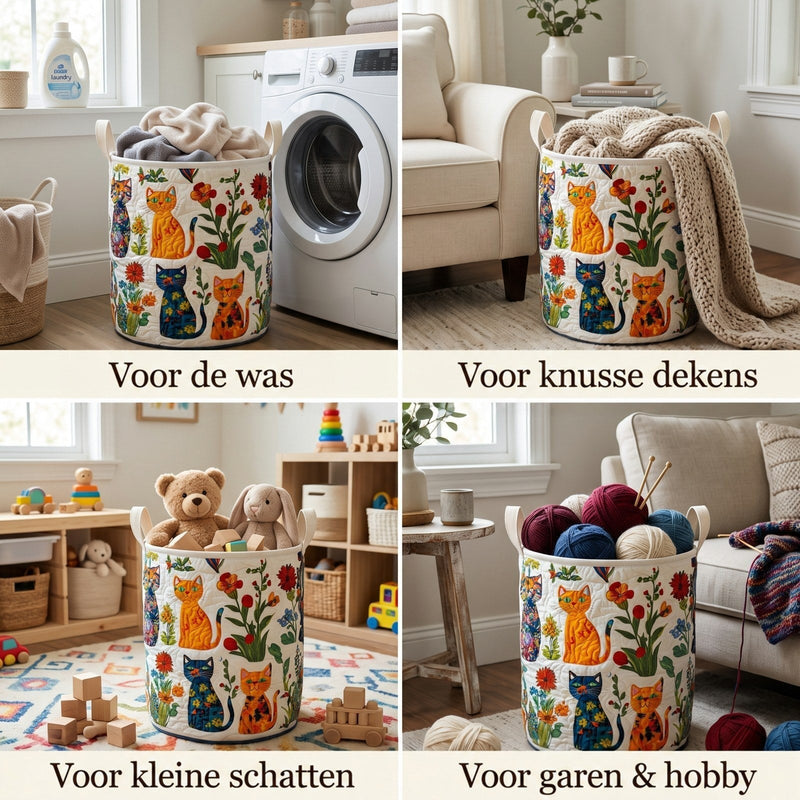 Collage van de mand in vier gebruiken: gevuld met wasgoed, plaid, speelgoed en wol, elk in een andere kamer. 2