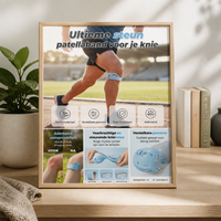 Ingelijste productinfo op een houten plank met een hardloper en close-ups van het ademende, flexibele materiaal en de dubbele gespen. 3