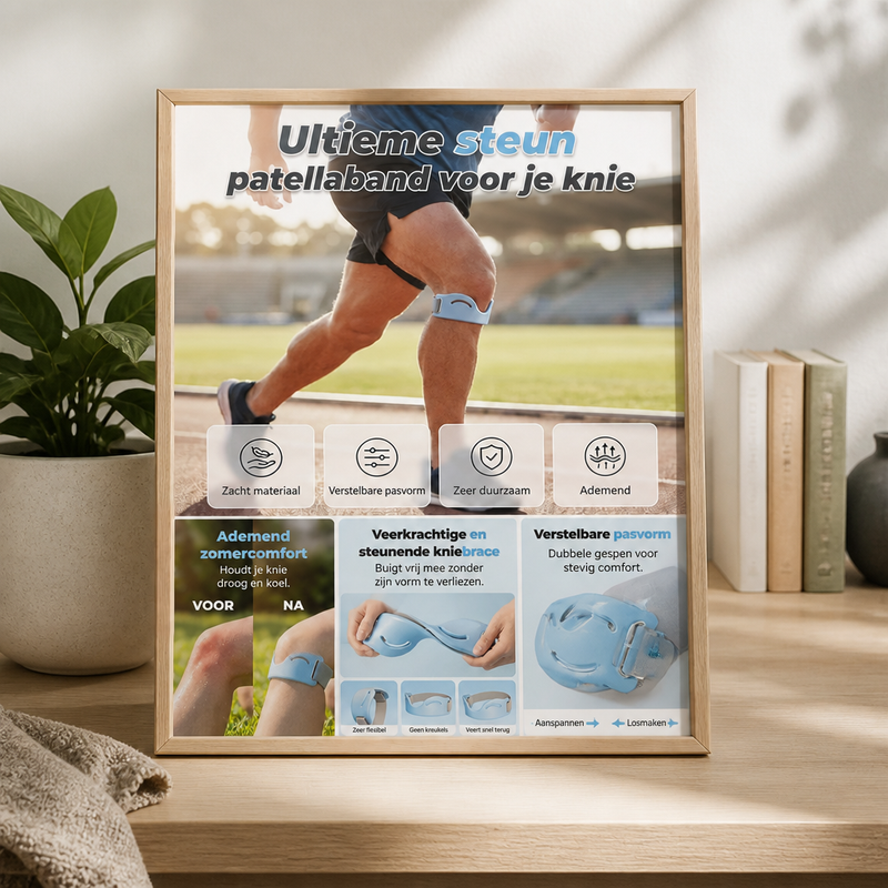 Ingelijste productinfo op een houten plank met een hardloper en close-ups van het ademende, flexibele materiaal en de dubbele gespen. 3