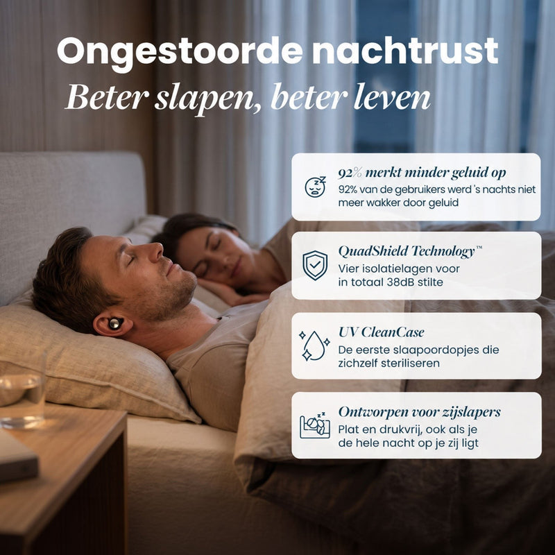 Duitstalige variant van de slaapsfeer: man en vrouw slapen in bed, de man draagt een oordop, met kaders met voordelen. 10