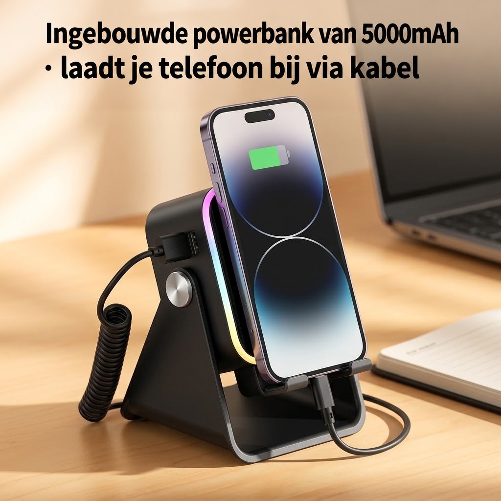 Telefoon in de zwarte houder wordt via een spiraalkabel opgeladen, op een bureau naast een laptop 5