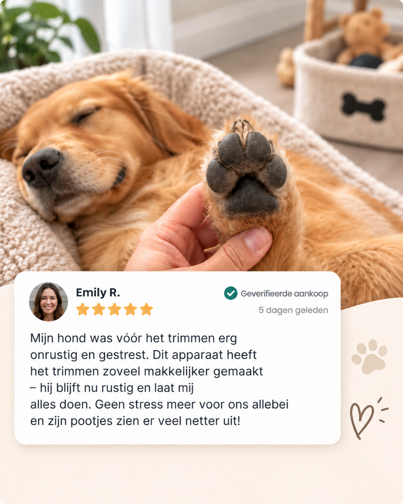 Slapende hond in een mand met een poot omhooggehouden, naast een klantbeoordeling met vijf sterren 8