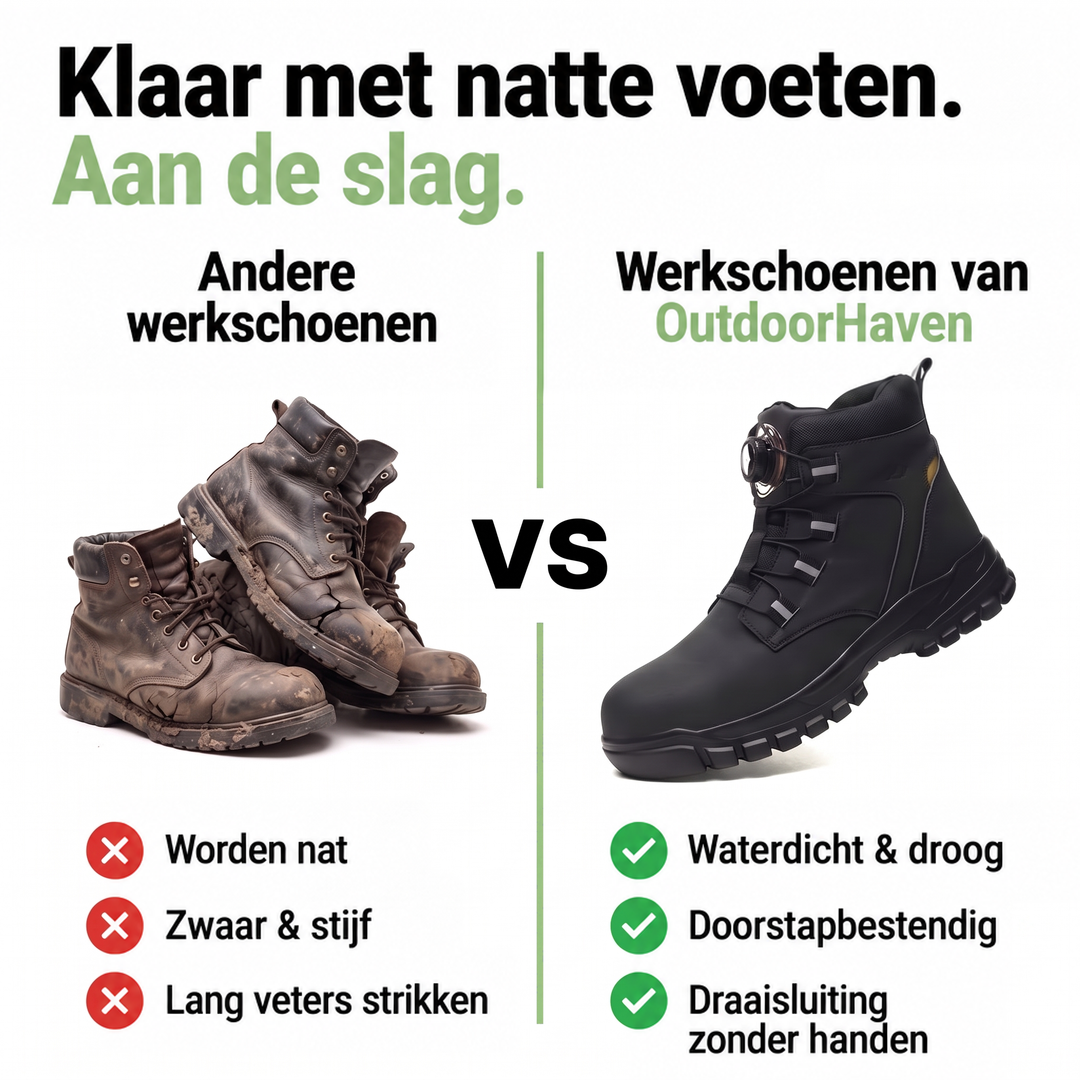 Vergelijking tussen oude, vuile bruine werklaarzen en de zwarte werkschoen met draaisluiting, met voordelenlijstjes 4