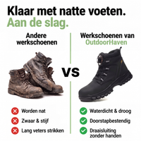 Vergelijking tussen oude, vuile bruine werklaarzen en de zwarte werkschoen met draaisluiting, met voordelenlijstjes 4