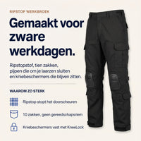 Zwarte ripstop werkbroek met kniekappen en beenzakken naast een lijst met de belangrijkste voordelen van de broek. 4