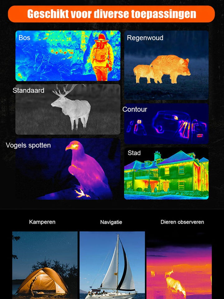 Overzicht van toepassingen met warmtebeelden van bos, dieren, vogel en gebouw, plus tent en zeilboot 5