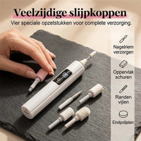 Hand pakt een roze opzetstuk naast het apparaat en vier andere opzetstukken op een donkere leistenen plaat 3