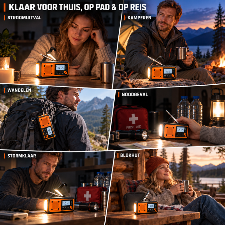 Collage van gebruik thuis bij stroomuitval, kamperen, wandelen met radio aan rugzak, noodpakket, stormvoorbereiding en hut 9