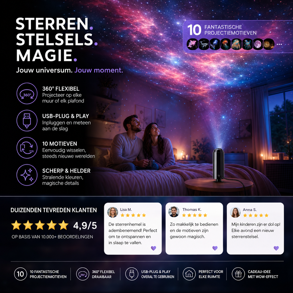 Stel op bed kijkt naar een kleurrijke sterrenhemel van de projector, met klantbeoordelingen en kenmerken eronder 6