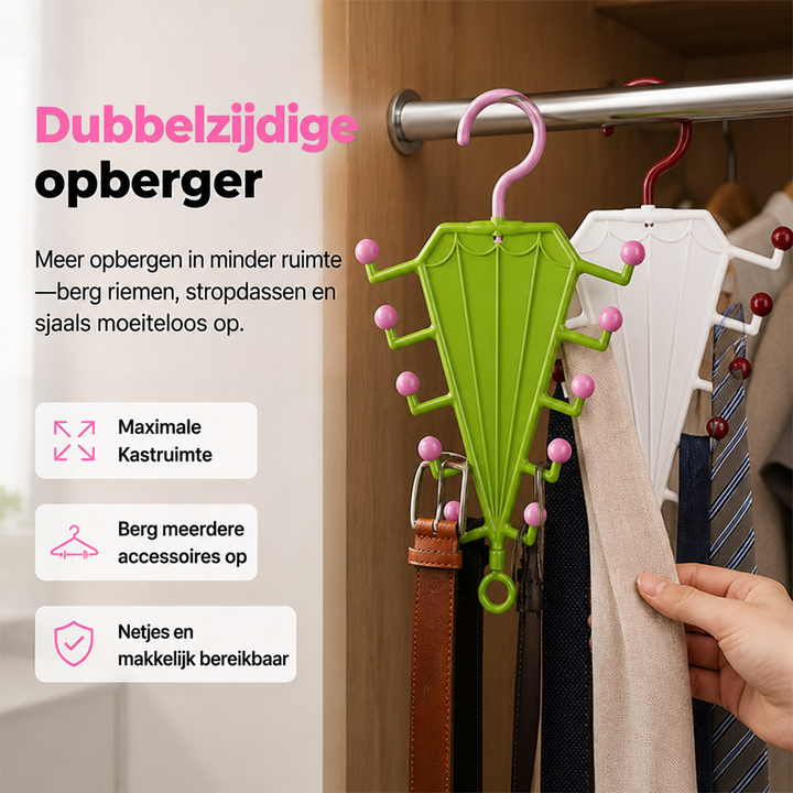 Groen en wit paraplurek met roze en rode bolletjes in een kast, behangen met riemen en dassen 1