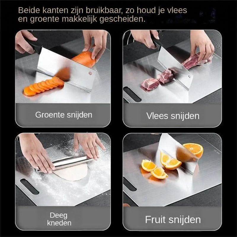 Vier kleine foto's tonen de metalen plank bij het snijden van groenten, vlees en fruit en bij het kneden van deeg. 9
