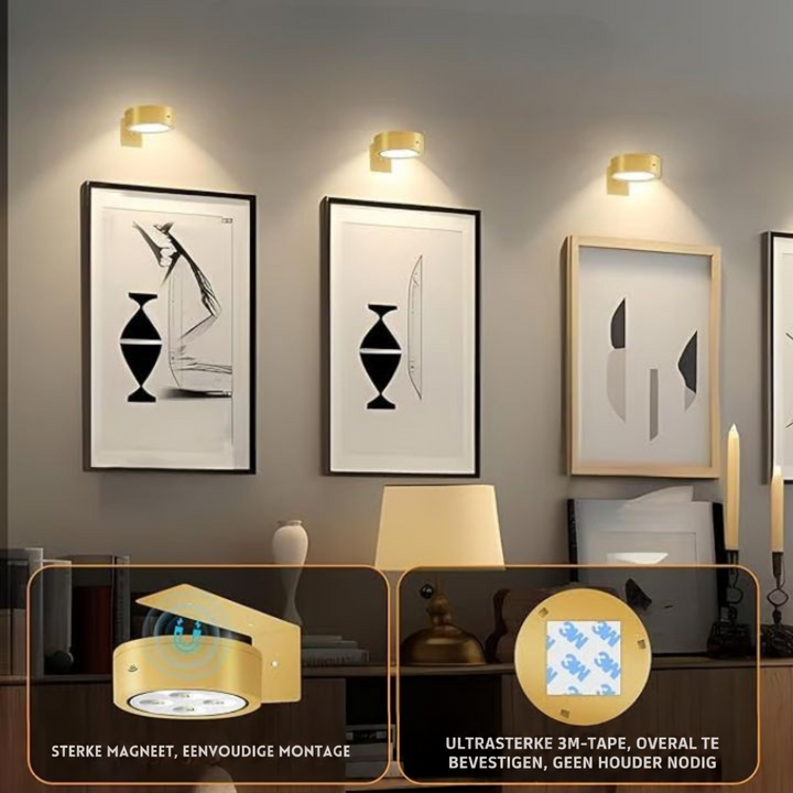 Drie gouden lampen boven ingelijste prenten, met uitleg over de sterke magneet en de plakbevestiging 6