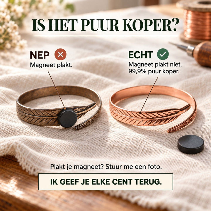 Vergelijking van twee armbanden met bladmotief: een met magneet die blijft plakken en een koperen waar de magneet niet hecht 3
