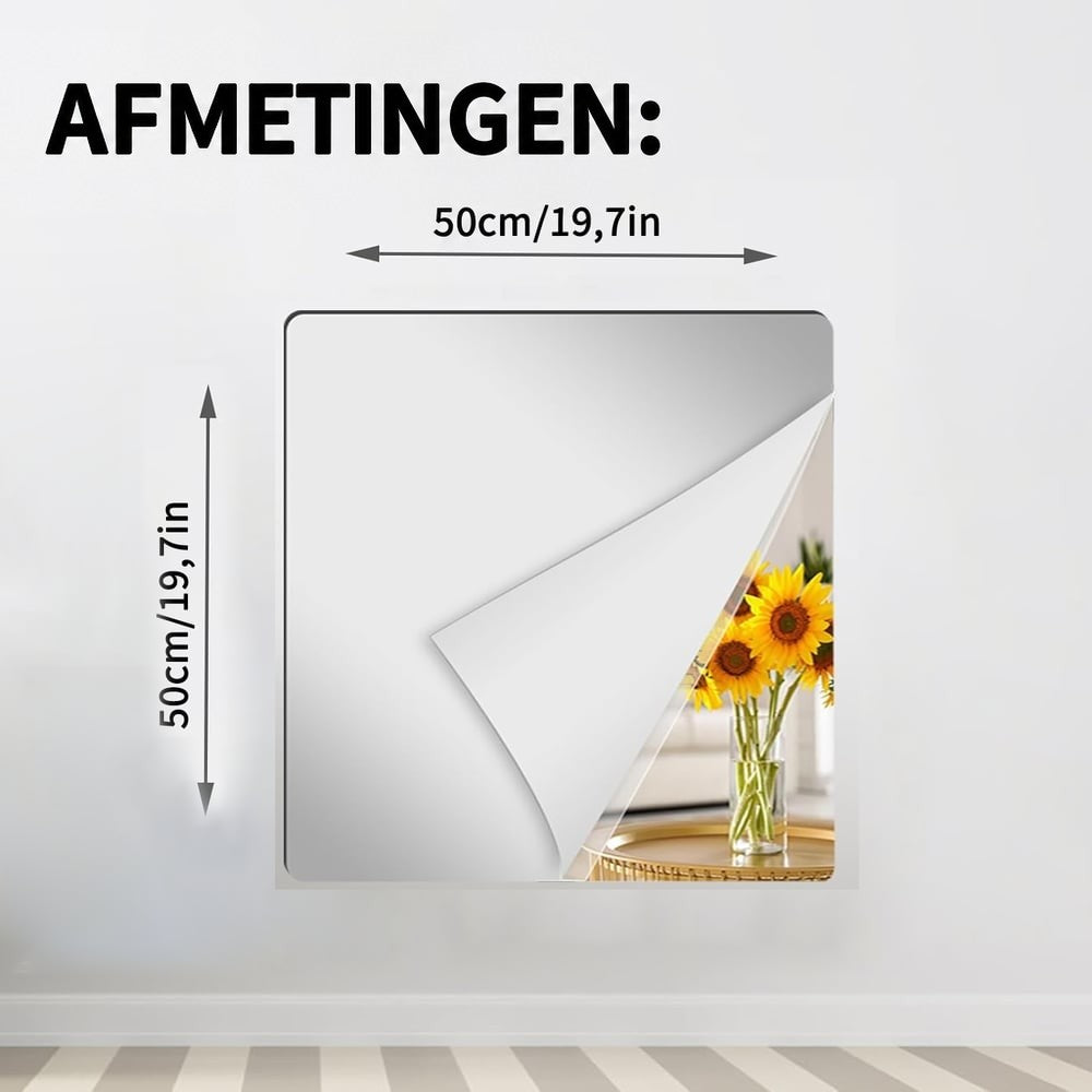 Vierkant spiegelvel aan een muur met omgekrulde hoek, waarin zonnebloemen in een vaas worden weerspiegeld, met 11