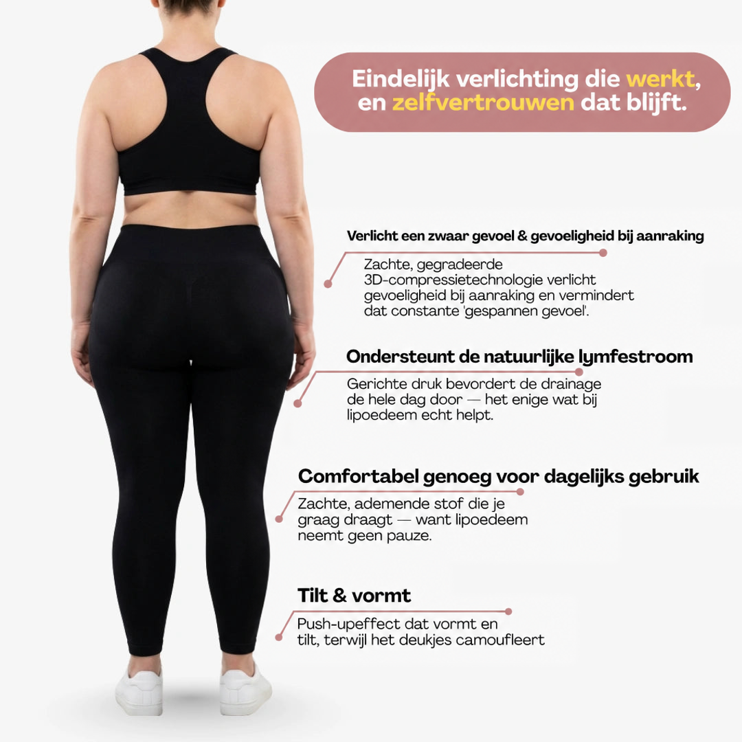 Achteraanzicht van een zwarte legging met zwarte sporttop en witte sneakers, met uitleg over compressie, ondersteuning en comfort in Duitse tekst. 11