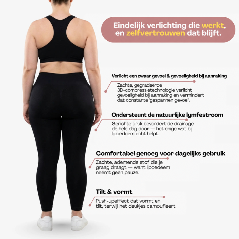 Achteraanzicht van een zwarte legging met zwarte sporttop en witte sneakers, met uitleg over compressie, ondersteuning en comfort in Duitse tekst. 11