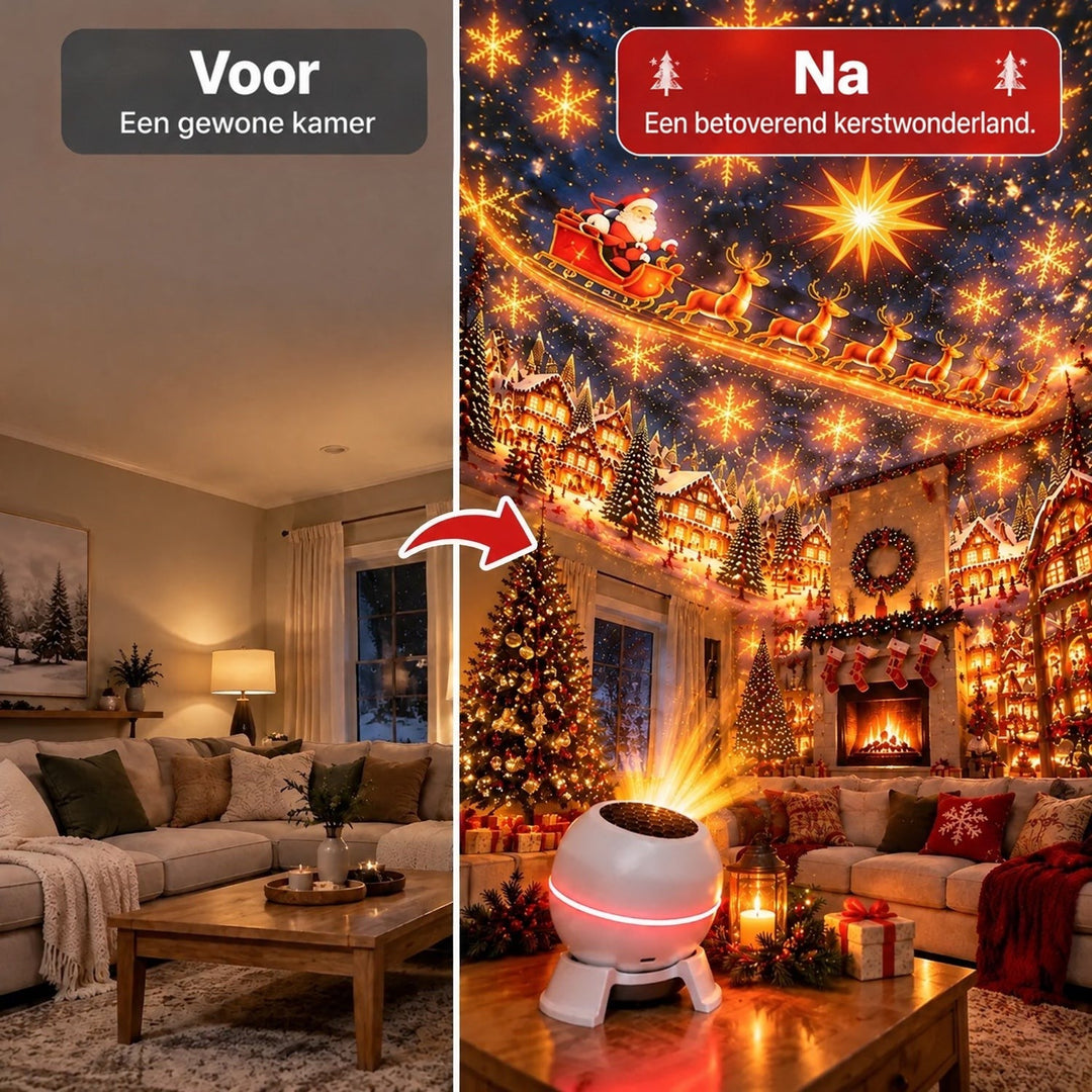 Voor-en-nawoonkamer: links een gewone kamer, rechts dezelfde kamer vol kerstprojectie met de projector op tafel 2