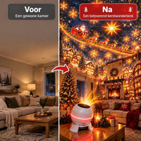 Voor-en-nawoonkamer: links een gewone kamer, rechts dezelfde kamer vol kerstprojectie met de projector op tafel 2