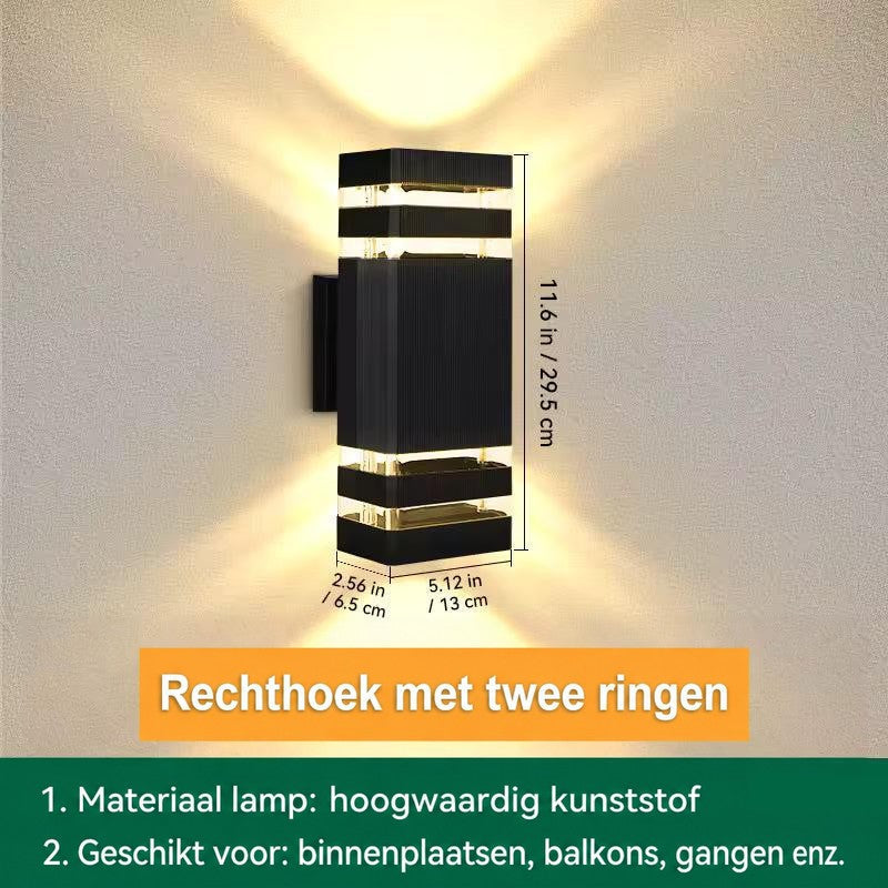 Rechthoekige wandlamp met twee lichtbanden boven en onder, met afmetingen in centimeters en inches 17