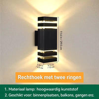 Rechthoekige wandlamp met twee lichtbanden boven en onder, met afmetingen in centimeters en inches 17