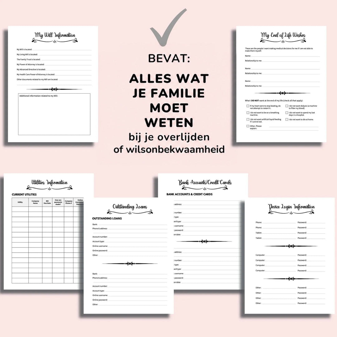 Overzicht van zes invulpagina's op een roze achtergrond: testament, laatste wensen, nutsvoorzieningen, openstaande leningen, bankrekeningen en inloggegevens van 6