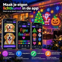 Drie telefoonschermen van de app waarmee je foto's, tekst en tekeningen omzet in lichtkunst op het scherm 5