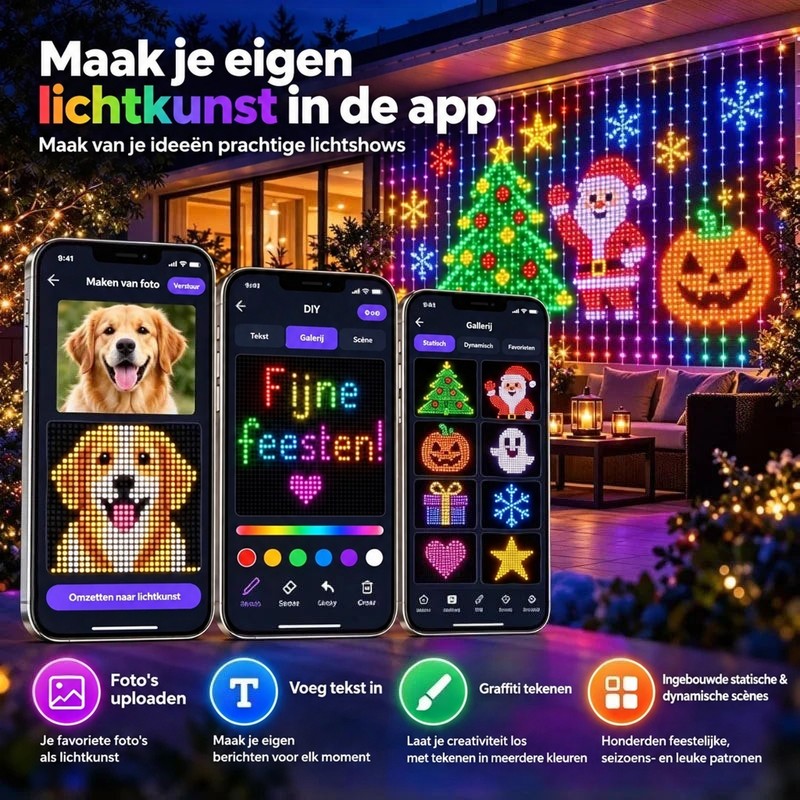 Drie telefoonschermen van de app waarmee je foto's, tekst en tekeningen omzet in lichtkunst op het scherm 5