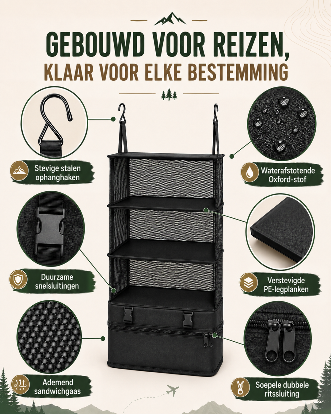 Productafbeelding met vergrote details van haken, gespen, waterafstotende stof, planken, gaas en dubbele rits van de zwarte 2