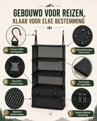 Productafbeelding met vergrote details van haken, gespen, waterafstotende stof, planken, gaas en dubbele rits van de zwarte 2
