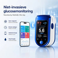 Het meetapparaat naast een smartphone met app-scherm en bluetooth-symbool, met vier pictogrammen over meten, resultaten en synchroniseren. 10