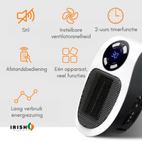 Verwarmer schuin gefotografeerd naast pictogrammen voor stille werking, regelbare luchtstroom, timer, afstandsbediening en 7