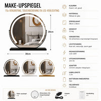 Infographic met specificaties van de make-upspiegel, kleuropties en inhoud van de doos: spiegel, vergrotingsspiegel, adapter 14