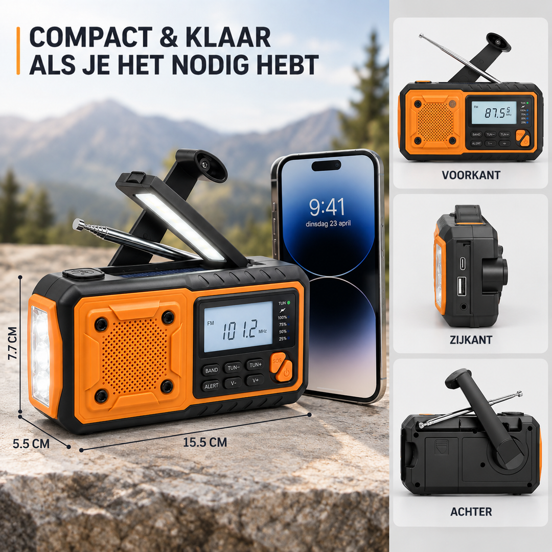 Radio naast een smartphone op een rots met afmetingen, plus voorkant, zijkant en achterkant in kleine beelden 3
