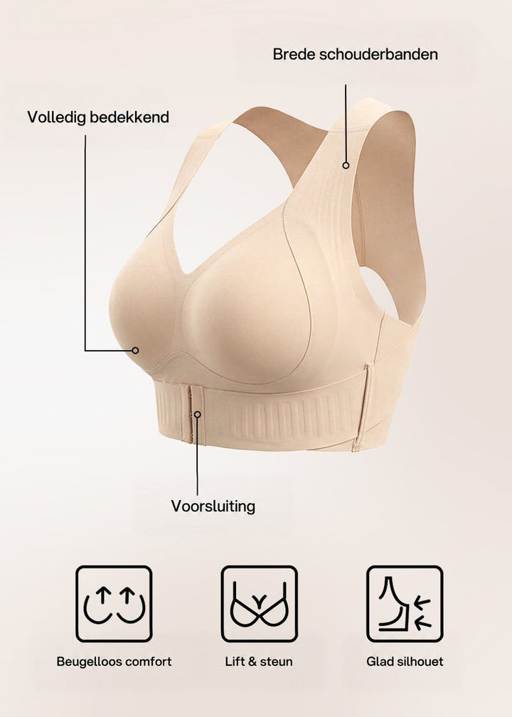 Productfoto van de beige beha op neutrale achtergrond met aanduidingen voor brede bandjes, volledige dekking en voorsluiting. 17
