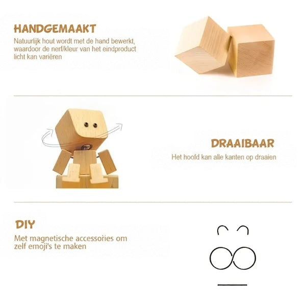 Infographic met blokjes natuurlijk hout, een draaiend hoofd en losse magnetische gezichtjes om zelf te combineren. 3