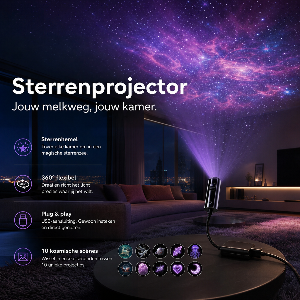 Projector op een ronde tafel in een woonkamer met paarse nevelprojectie op het plafond en tien motieven 5