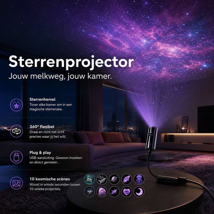 Projector op een ronde tafel in een woonkamer met paarse nevelprojectie op het plafond en tien motieven 5