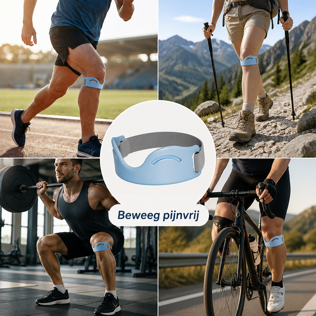 Collage met de lichtblauwe kniebandage in het midden, omringd door gebruik bij hardlopen, wandelen, squatten met halterstang en wielrennen. 2